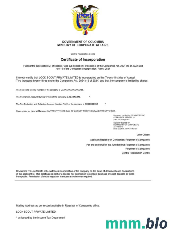 Kolumbia certyfikat rejestracji Word i PDF szablon